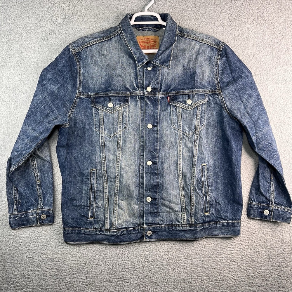 Levis Mens Jean Jacket Blue Waist Length Buttons Flap‎ Pockets Collared XXL
